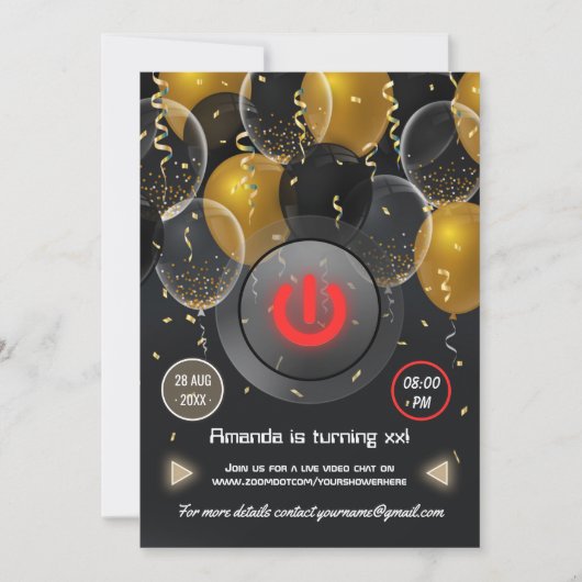 Invitation Ballotte noire et or fête d'anniversaire virtuelle (Devant)