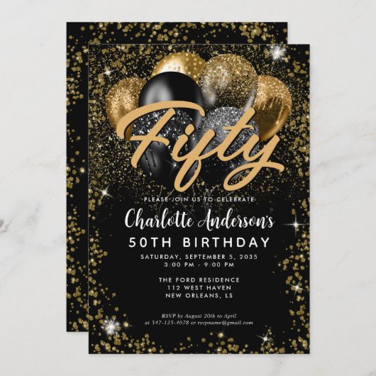 Invitation Ballotte Parties scintillant en or noir moderne n' (Devant / Derrière)