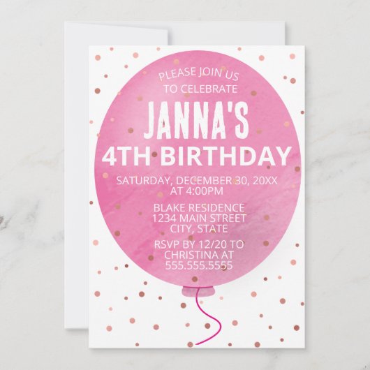 Invitation Ballotte rose Aquarelle Anniversaire (Devant)