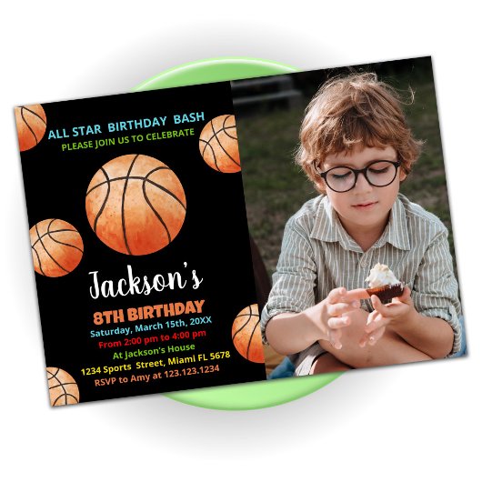 Invitation Balls Black Orange Basketball Anniversaire Photo