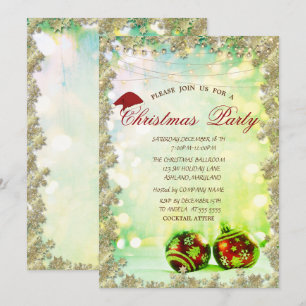 Invitation Balls de Noël, Stars Green Bokeh Company Party