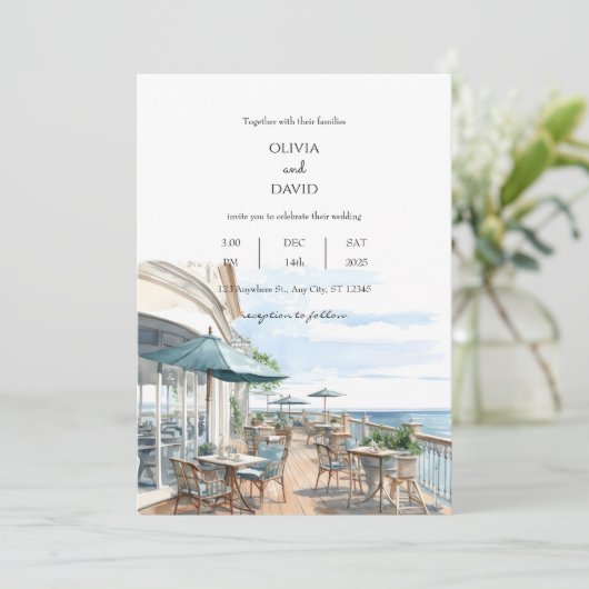 Invitation Balnéaire Coastal Rooftop Café Vue sur la mer Mari (Debout devant)