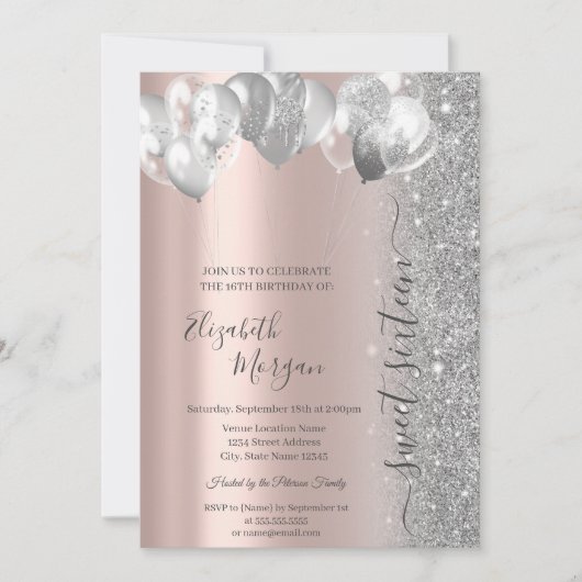 Invitation Balons d'argent Parties scintillant Rose Gold Swee (Devant)
