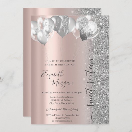 Invitation Balons d'argent Parties scintillant Rose Gold Swee (Devant / Derrière)