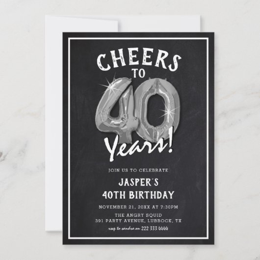 Invitation Balons en argent Rustique Chalkboard 40e anniversa (Devant)