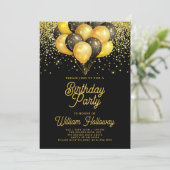 Invitation Balons noirs d'or moderne fête d'anniversaire (Debout devant)