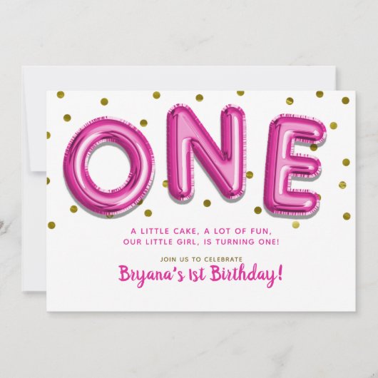 Invitation Balons roses chauds Points Or UN 1er anniversaire  (Devant)
