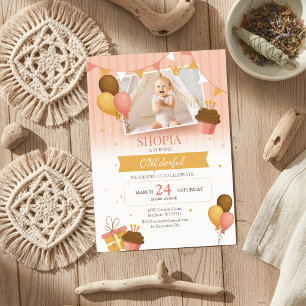 Invitation Baloon d'or rose avec photo 1er anniversaire Invit