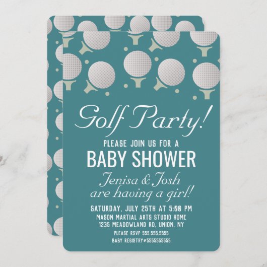 Invitation Bals de golf moderne Baby shower Party Blue (Devant / Derrière)