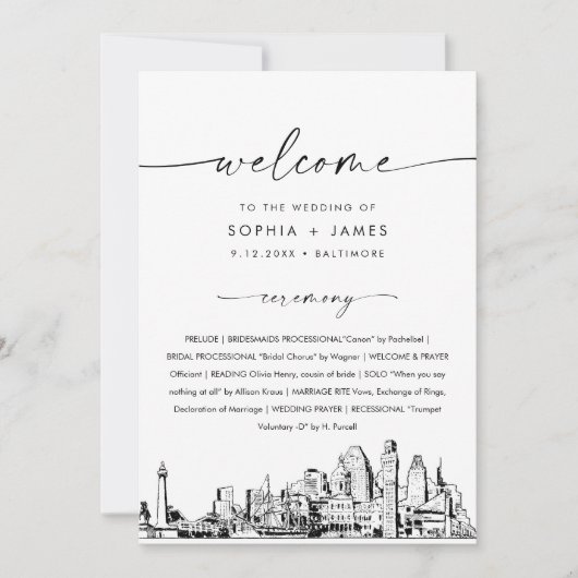 Invitation Baltimore Skyline Wedding Program 5x7 Flat Card (Devant)