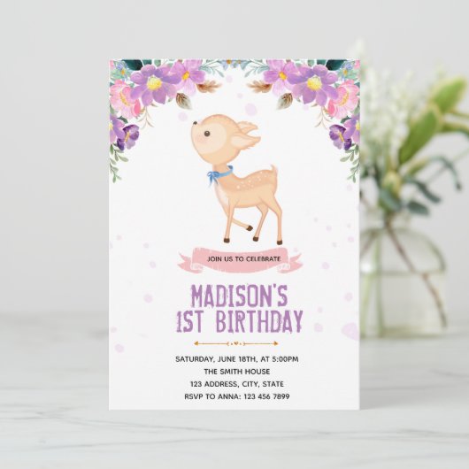 Invitation bambi à thème violet (Debout devant)