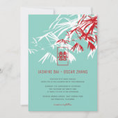 Invitation Bambou Rouge et Turquoise Feuille Zen Asiatique Ma (Devant)