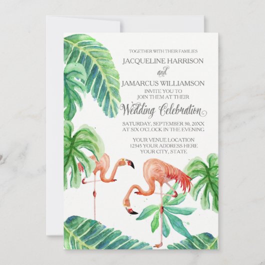Invitation Banana Leaf aquarelle Flamant rose rose Plage Art (Devant)