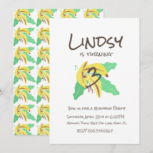 Invitation Banane Rétro Jaune Trois Ans (Devant / Derrière)