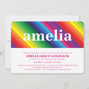 Invitation Bande arc-en-ciel colorée BAT MITZVAH claire simpl
