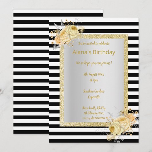 Invitation Bande blanche noire Bouquet Or anniversaire (Devant / Derrière)