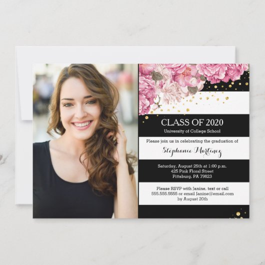 Invitation Bande blanche noire, graduation de la photo floral (Devant)