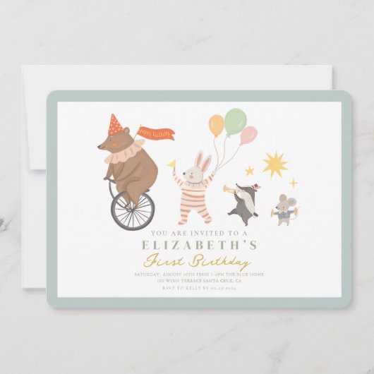 Invitation Bande d'animaux mignons Premier anniversaire (Devant)