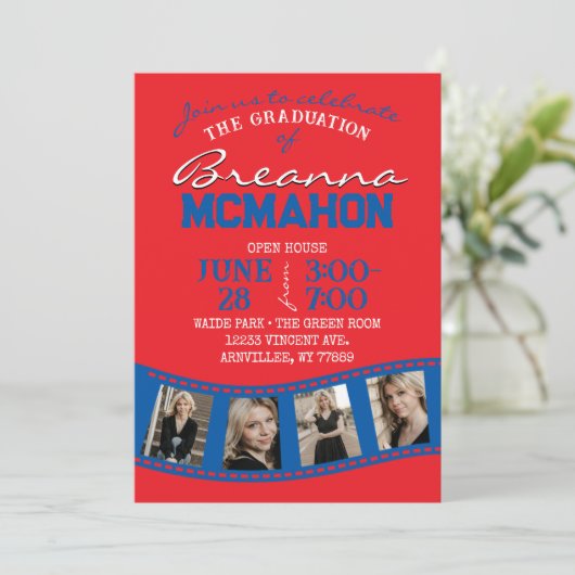 Invitation Bande de film rouge et bleu 5 Diplôme photo (Debout devant)