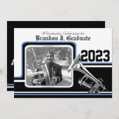 Invitation Bande de Varsity Trumpet Graduation Photo Bleu (Devant / Derrière)
