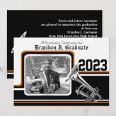 Invitation Bande de Varsity Trumpet Graduation Photo Orange (Devant / Derrière)