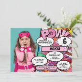 Invitation Bande dessinée Pink Superhero, fête d'anniversaire (Debout devant)