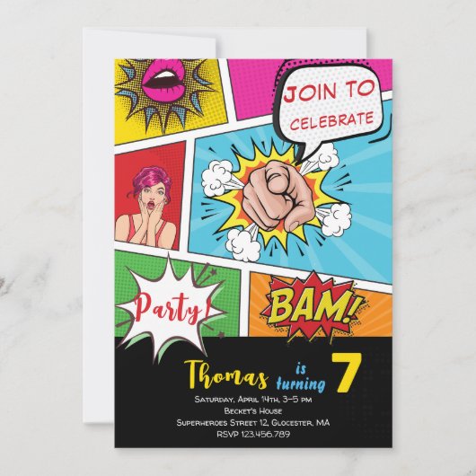 Invitation Bande dessinée pop art anniversaire (Devant)