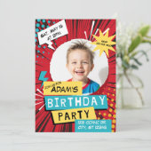 Invitation Bande dessinée rouge fête d'anniversaire avec phot (Debout devant)