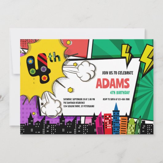 Invitation Bande dessinée Superhero 4e anniversaire (Devant)