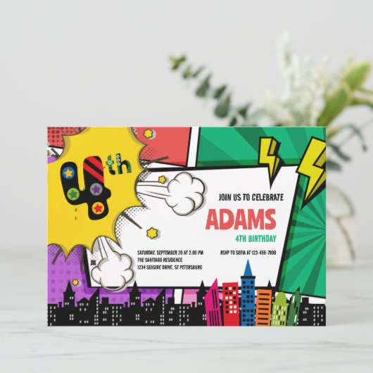 Invitation Bande dessinée Superhero 4e anniversaire (Debout devant)