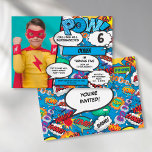 Invitation Bande dessinée Superhero fête d'anniversaire Bleu<br><div class="desc">Customisez avec la photo,  le nom et l'âge de la fille ou du garçon d'anniversaire et tous les détails de la fête. Une amusante invitation d'anniversaire de super-héros de bande dessinée cool qui met le wham,  zap,  pow dans n'importe quel événement de célébration d'anniversaire de super-héros. Conçu par Thisisnotme©</div>