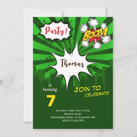 Invitation Bande dessinée verte pop art anniversaire (Devant)