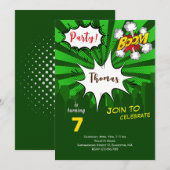 Invitation Bande dessinée verte pop art anniversaire (Devant / Derrière)