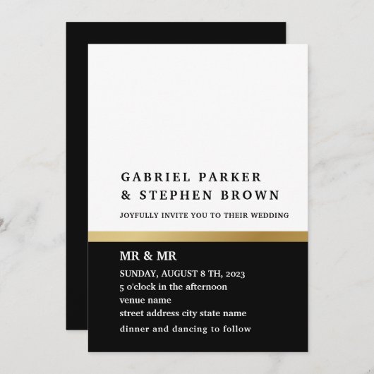 Invitation Bande d'or. Élégant Mariage noir et blanc (Devant / Derrière)