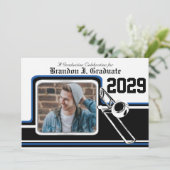 Invitation Bande Marching Trombone Graduation Photo Bleu (Debout devant)