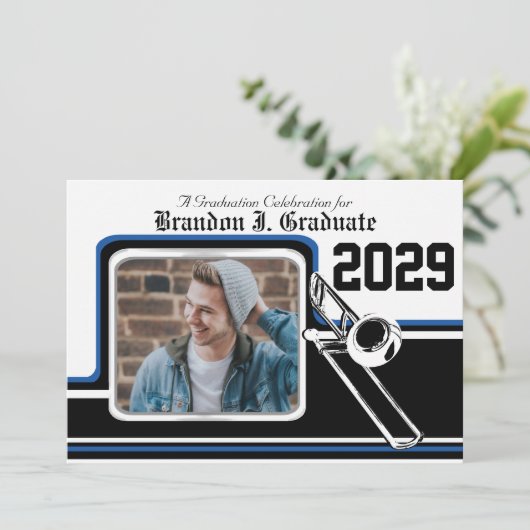 Invitation Bande Marching Trombone Graduation Photo Bleu (Debout devant)