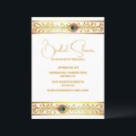 Invitation Bande or Peacock plumes minimaliste élégant<br><div class="desc">Un beau panache en plumes de paon doré repose entre deux lignes horizontales d'or et est orné de tourbillons décoratifs fleuris qui reposent sur un arrière - plan blanc immaculé. Le même détail se trouve en haut et en bas de cette invitation "enregistrer la date" qui contient des modèles dorés...</div>