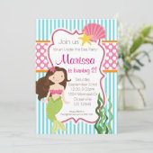 Invitation Bande Turquoise, Pink Polka Dot Brunette Mermaid (Debout devant)