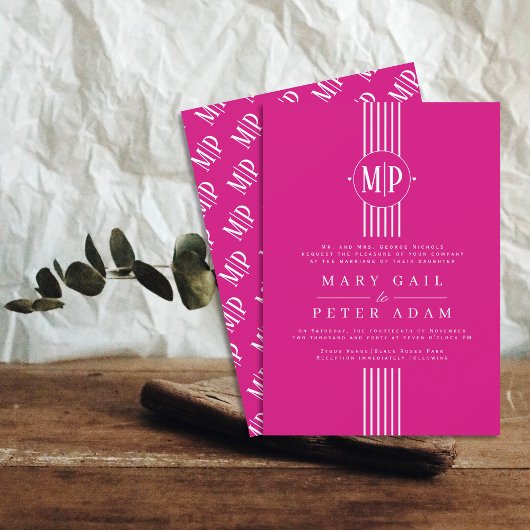Invitation Bandes blanches et initiales magenta mariage