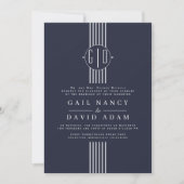 Invitation Bandes blanches et initiales mariage bleu minuit (Devant)