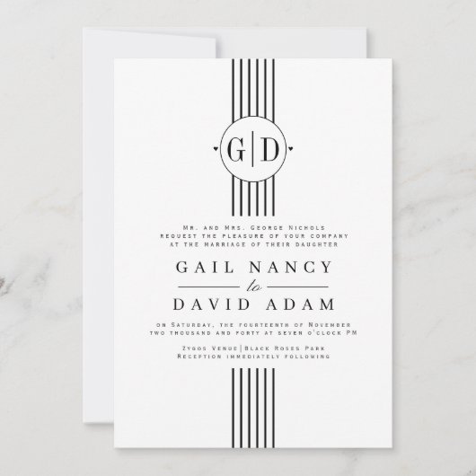 Invitation Bandes blanches, initiales et mariage photo noir (Devant)