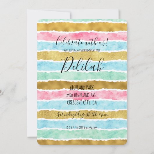 Invitation Bandes d'aquarelle or chic (Devant)