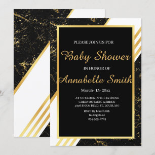 Invitation Bandes de marbre d'or typographie Baby shower noir