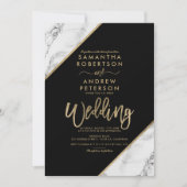 Invitation Bandes de marbre d'or typographie mariage noir (Devant)