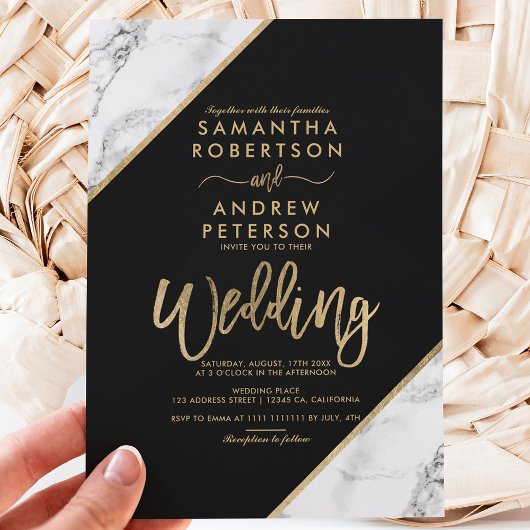 Invitation Bandes de marbre d'or typographie mariage noir