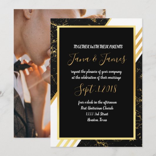 Invitation Bandes de marbre d'or typographie noir (Devant / Derrière)