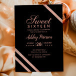 Invitation Bandes de typographie or rose Sweet 16 partie<br><div class="desc">Un Sweet sixteen rose moderne,  chic et élégant de typographie or  invitation avec or rose rayures géométriques sur élégant noir</div>
