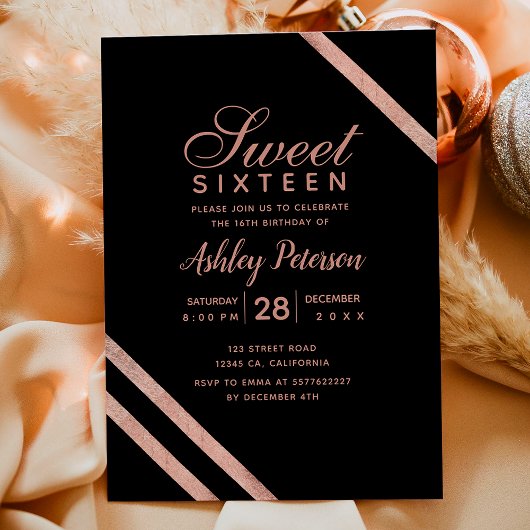 Invitation Bandes de typographie or rose Sweet 16 partie