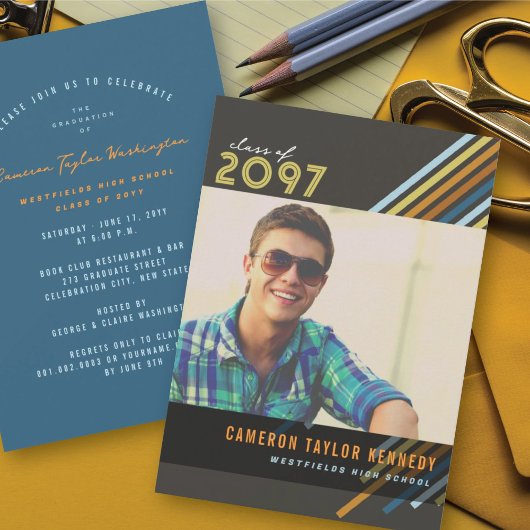 Invitation Bandes diagonales colorées Photo Graduation Party