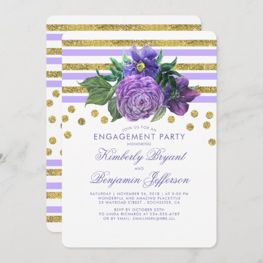 Invitation Bandes d'or et Fleurs violettes (Devant / Derrière)